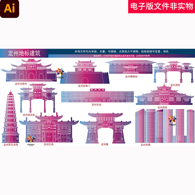 定州地标建筑定州城市建筑定州城市插画中国河北保定定州线稿素材