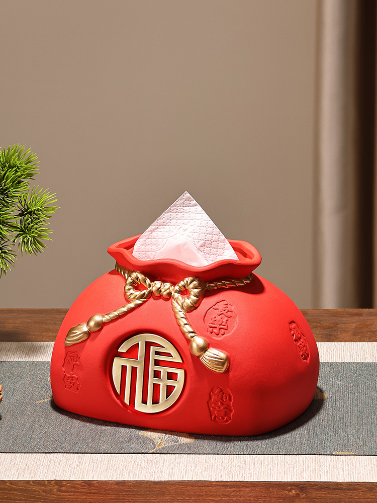 喜庆福袋抽纸盒陶瓷新中式客厅茶几纸巾盒创意家用高档摆件高级感