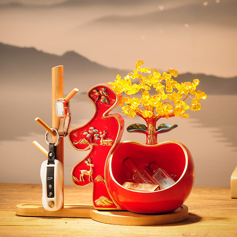 客厅钥匙收纳摆件招财黄水晶发财树鞋柜入户进门置物架福字装饰品