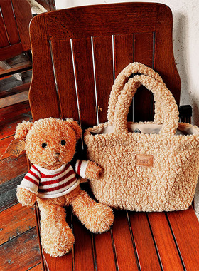 HSXBB日式新款洋气可爱羊羔毛包毛绒包秋冬少女学生手提包手拎包