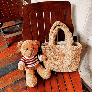 HSXBB日式新款洋气可爱羊羔毛包毛绒包秋冬少女学生手提包手拎包