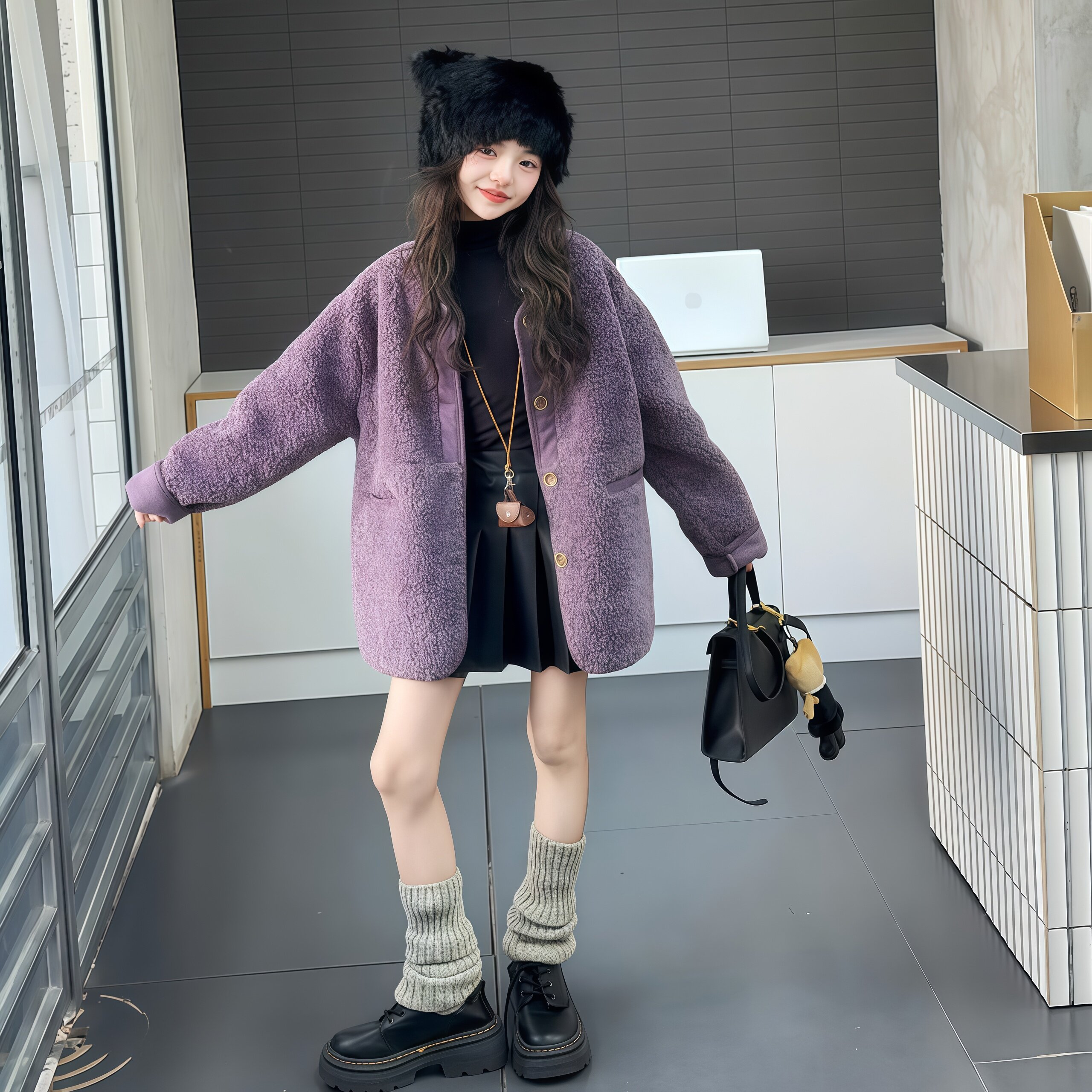 女童羊羔毛加厚保暖外套秋冬
