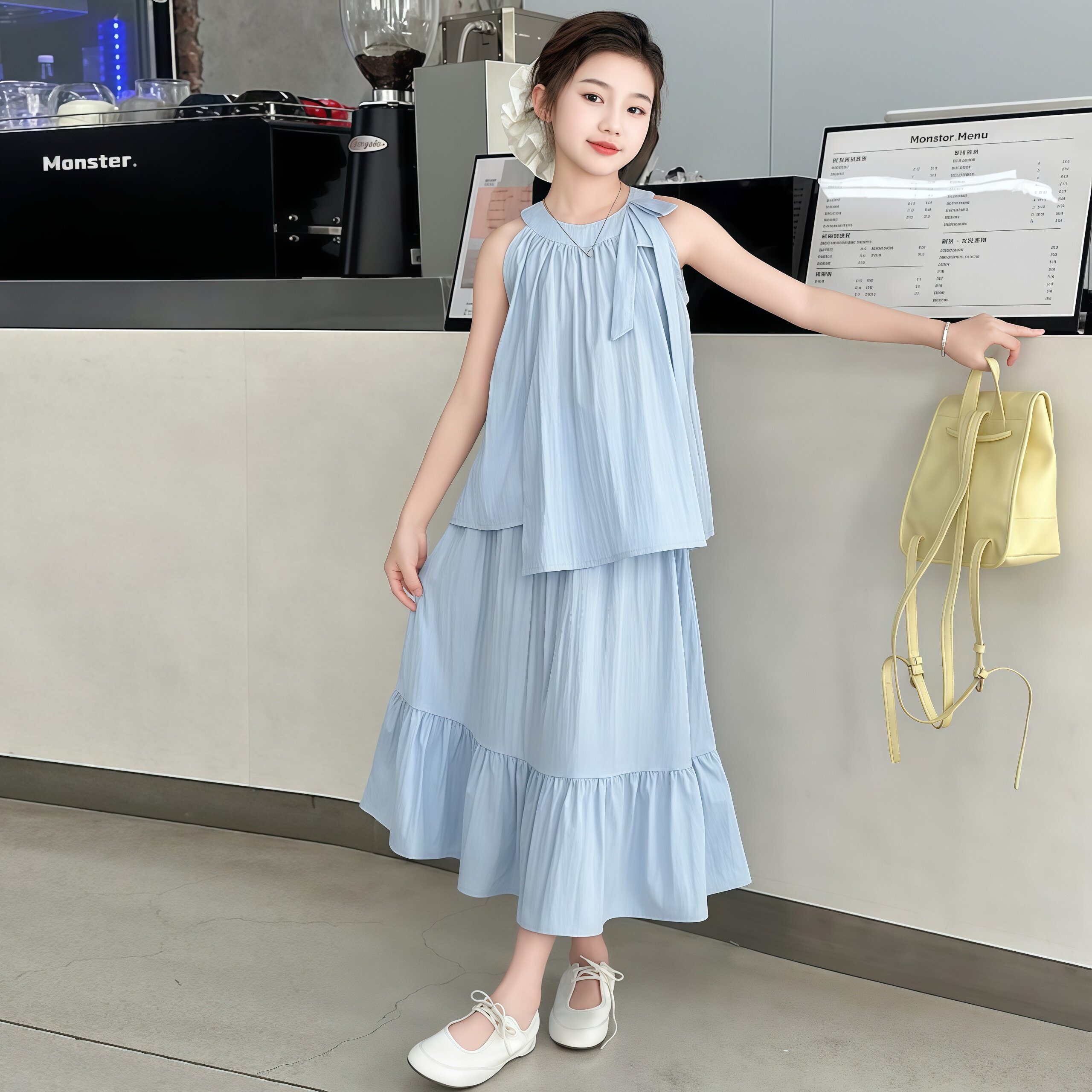 女大童裙子套装2026夏季新款挂脖无袖上衣荷叶边蛋糕裙洋气两件套