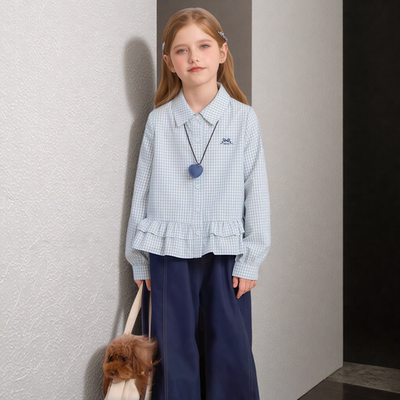 女童法式格纹荷叶边长袖衬衫