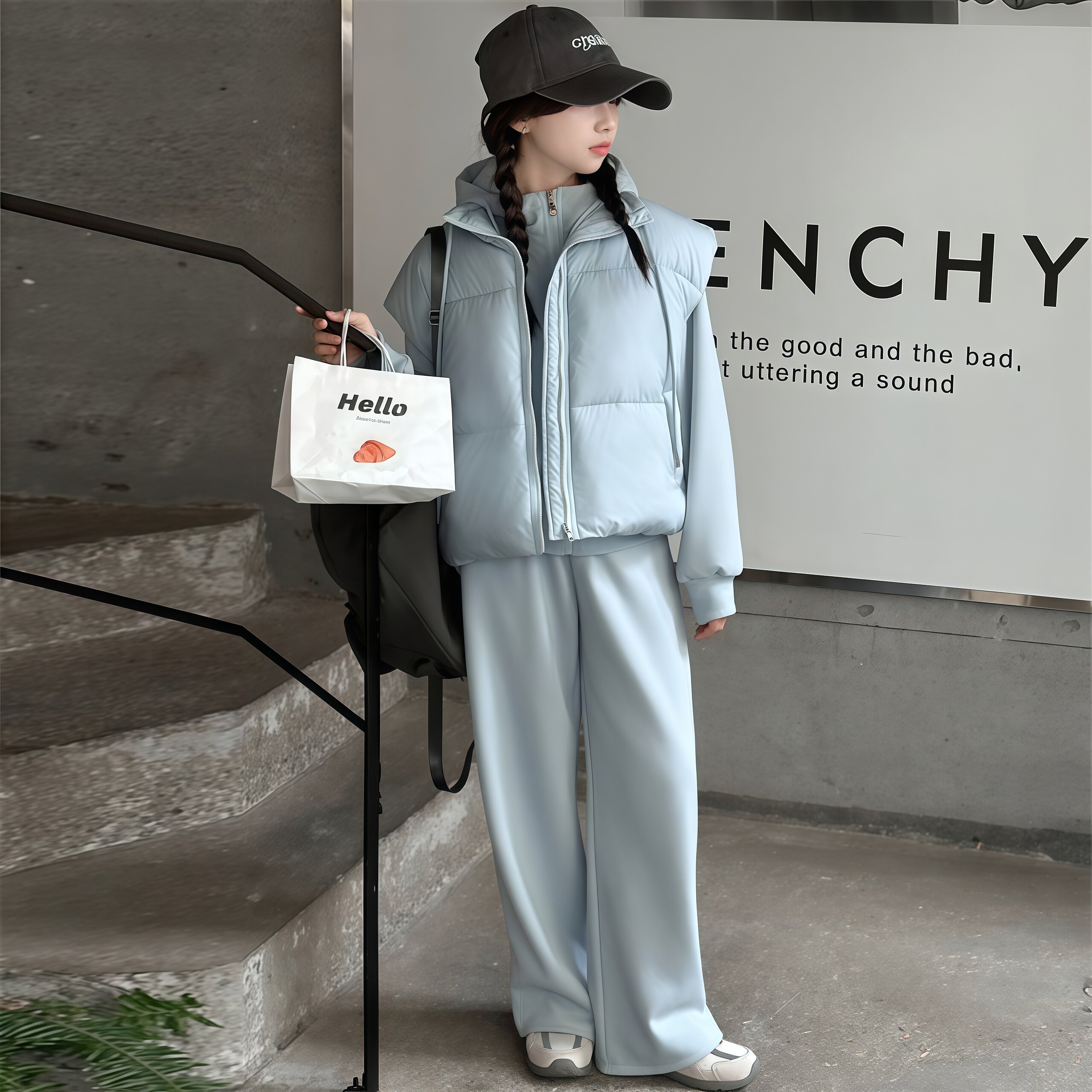 女童卫衣套装秋冬2026新款中大童羽绒马甲加厚卫衣裤子时髦三件套