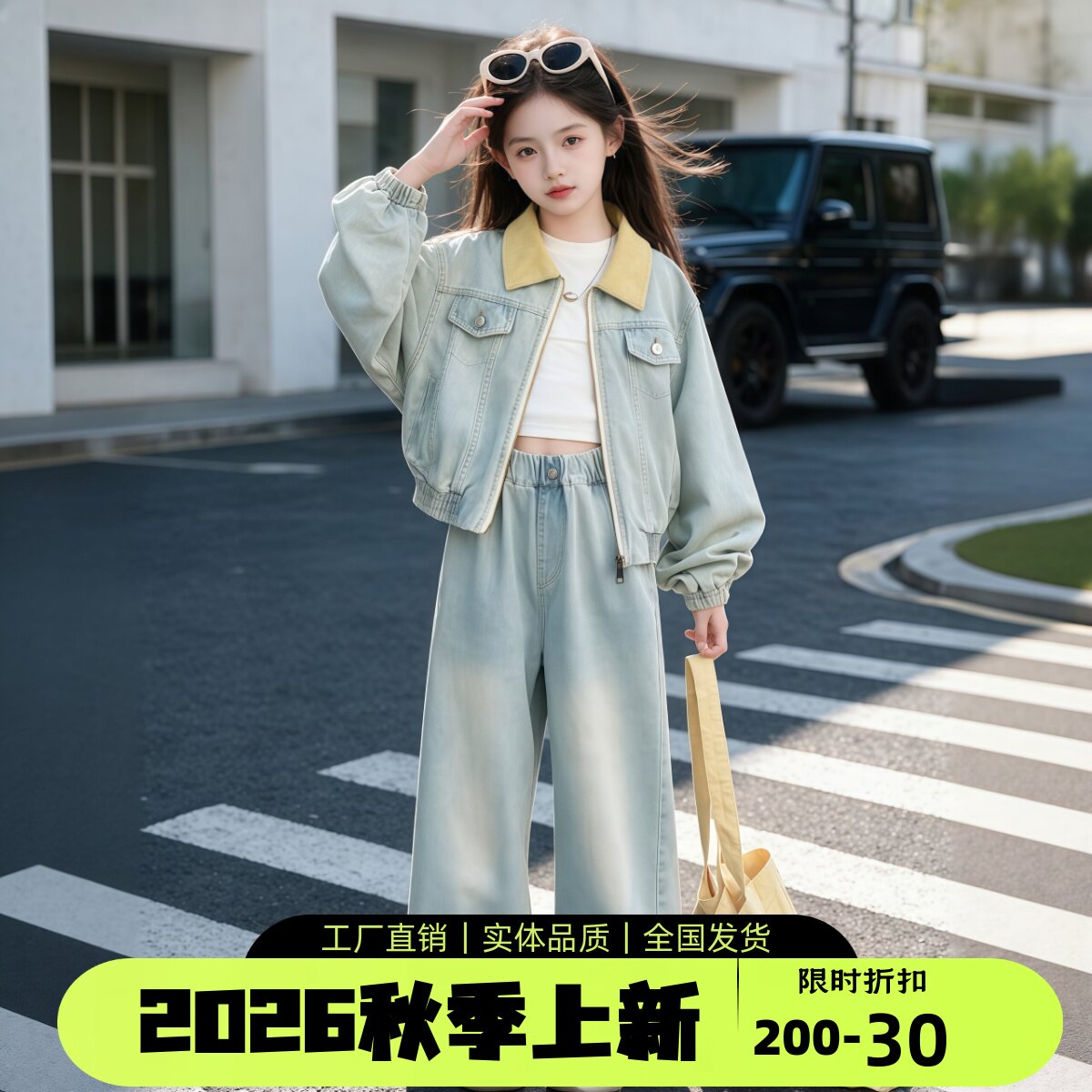 女童牛仔两件套秋季新款阔腿裤