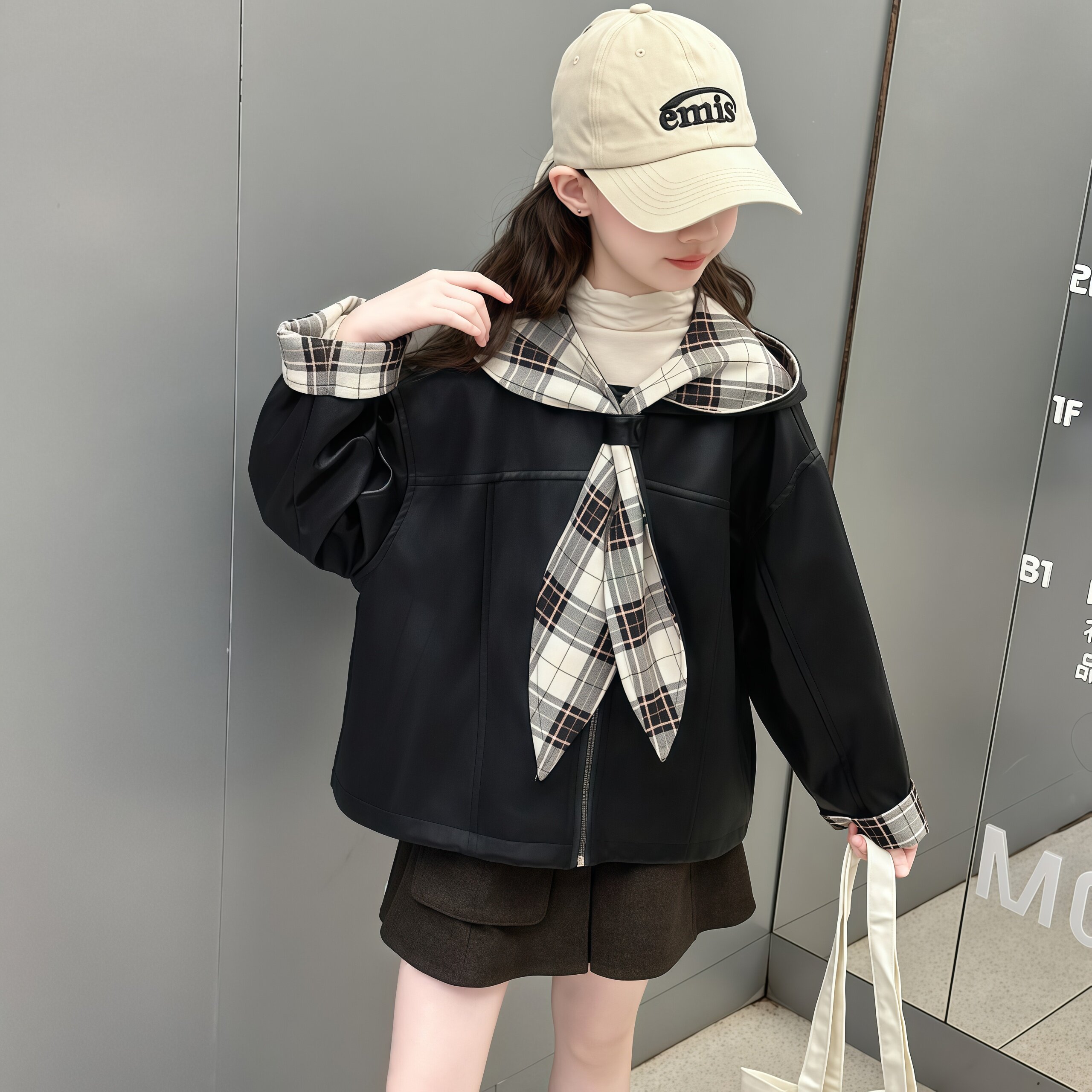 女童海军领格子拼接皮衣夹克