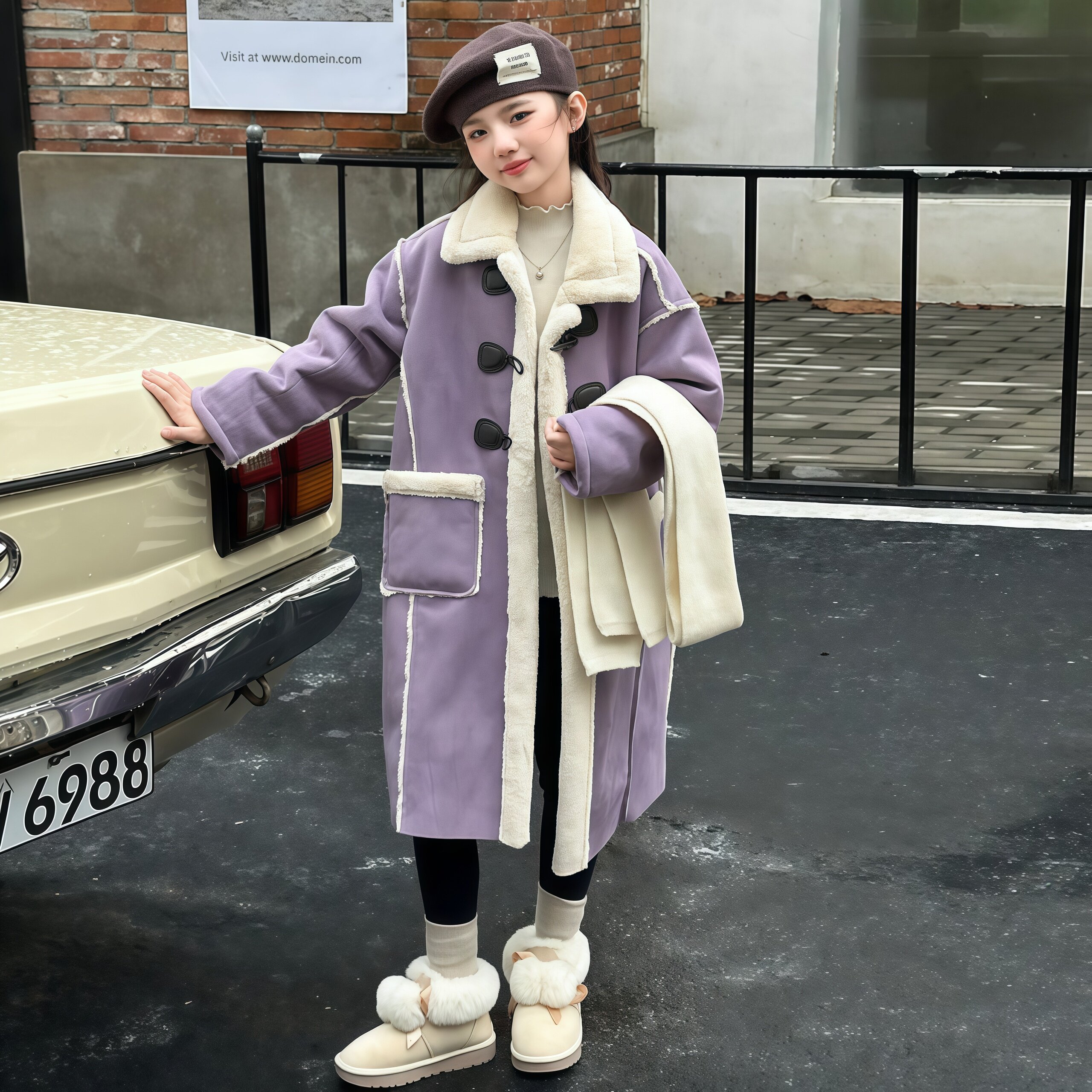 女童毛呢大衣秋冬206新款中大童加绒加厚外套中长款女孩拼接大衣