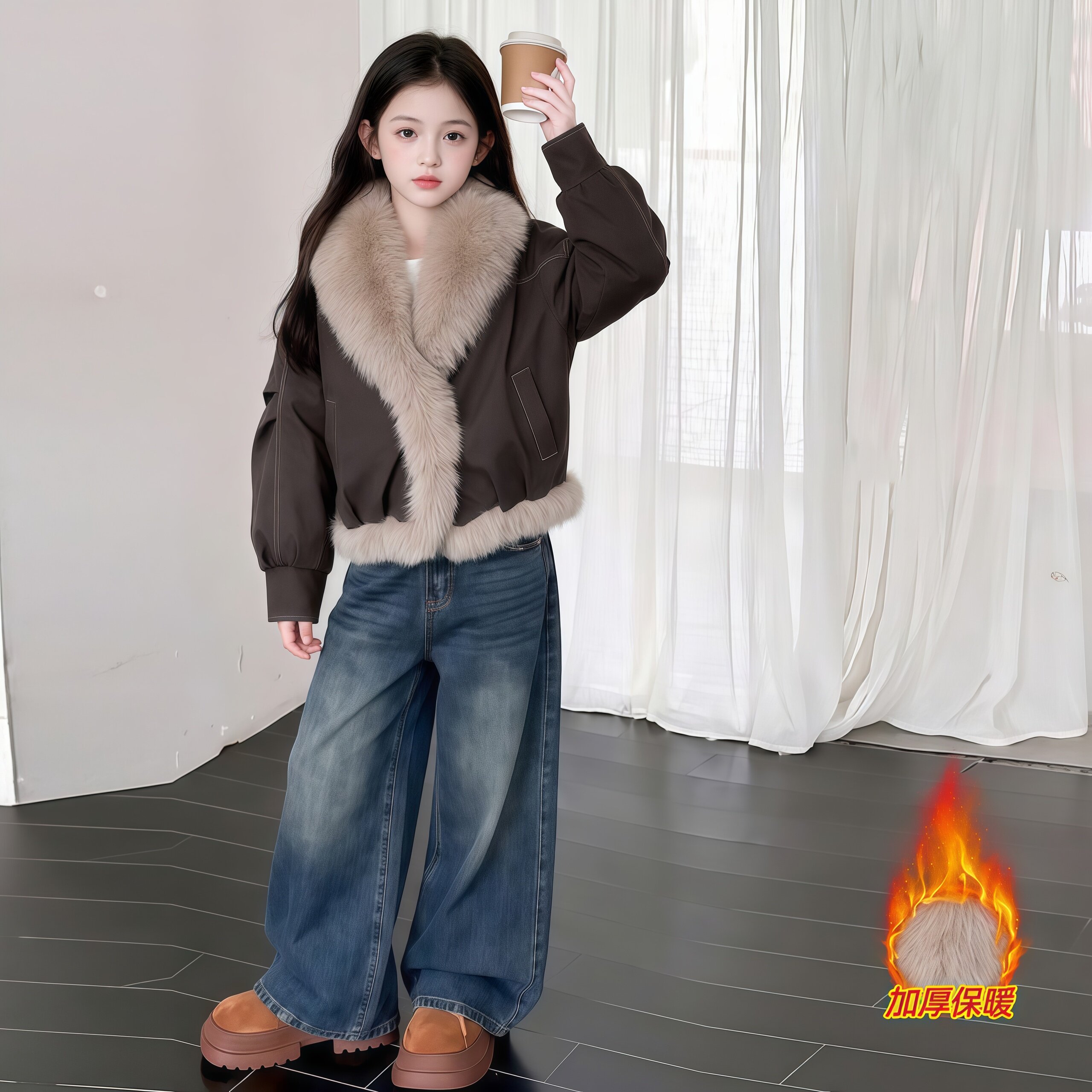 女大童皮毛一体夹克2026冬装女孩大毛领洋气短款外套加厚保暖皮衣