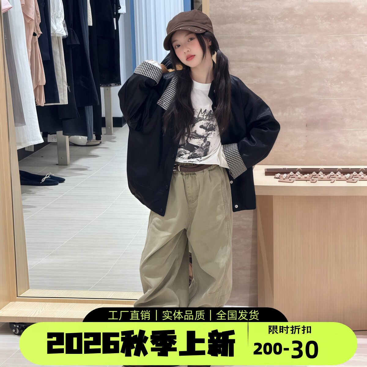 女童秋季复古格子机车皮衣夹克