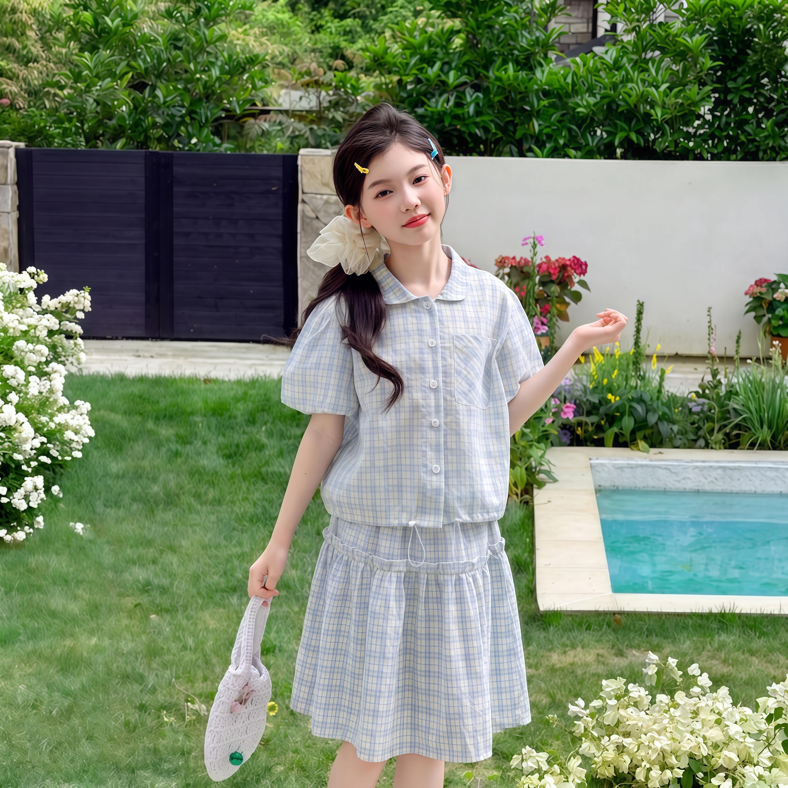 女童连衣裙两件套2026新款夏季格子娃娃领半身裙洋气时髦女孩裙子