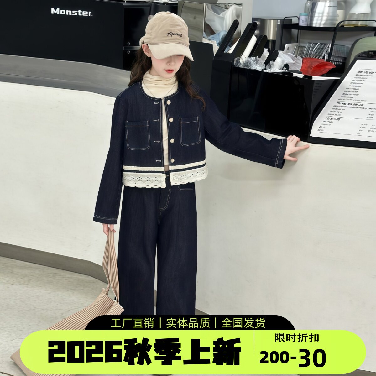 女大童牛仔两件套秋装洋气蕾丝