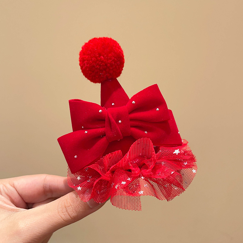 儿童新年发饰礼帽发夹可爱甜美女童宝宝丝绒蝴蝶结发卡碎发夹边夹