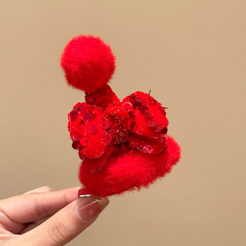 新年儿童发夹红色蝴蝶结帽子发卡甜美可爱小女孩冬季新款边夹头饰