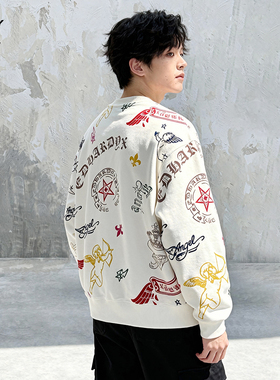 EDHARDY X2025秋冬新款宽松哥特风虎头天使满印圆领卫衣内搭上衣