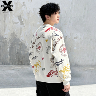 EDHARDY X2025秋冬新款宽松哥特风虎头天使满印圆领卫衣内搭上衣