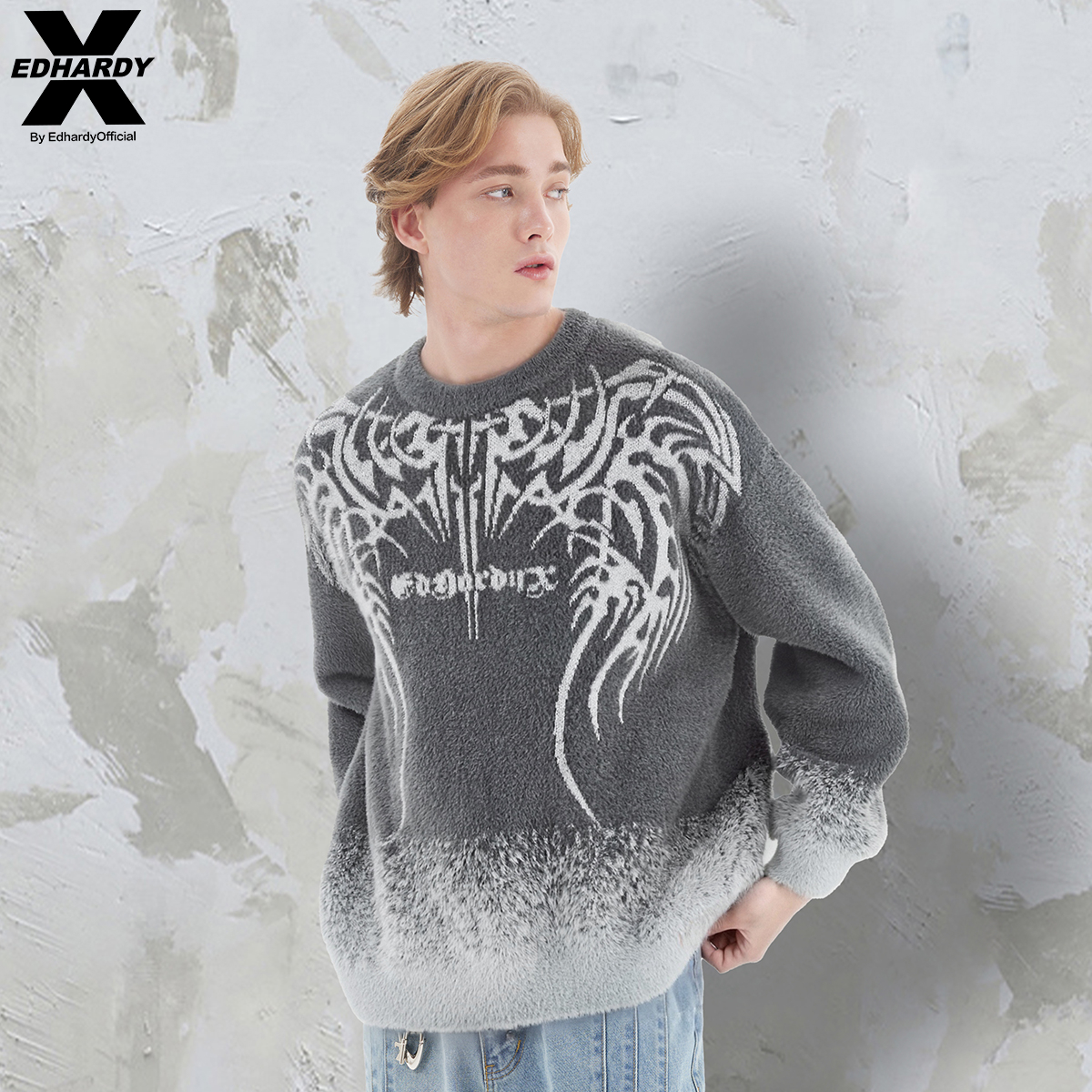 EDHARDY X2025秋季新款仿貂绒银线提花圆领毛衣设计感潮流卫衣