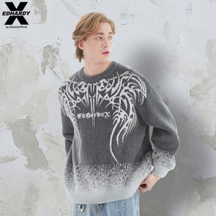 EDHARDY X2025秋季新款仿貂绒银线提花圆领毛衣设计感潮流卫衣