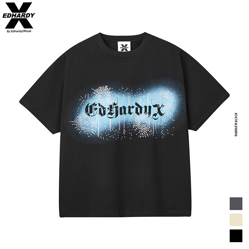 Ed Hardy X新款100%棉金属光泽烫片男女圆领短袖T恤X1C1FA310016