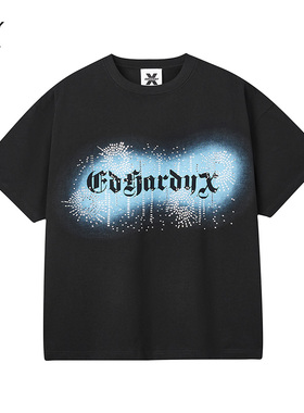 Ed Hardy X新款100%棉金属光泽烫片男女圆领短袖T恤X1C1FA310016