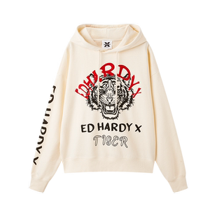 EdHardyX春秋虎头烫钻宽松米色印花男女同款连帽休闲情侣卫衣上衣