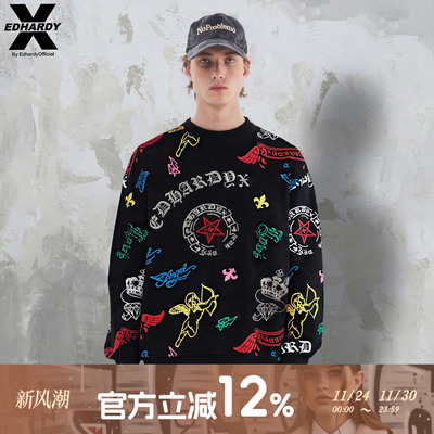 EDHARDY X2025秋冬新款宽松哥特风虎头天使满印圆领卫衣内搭上衣