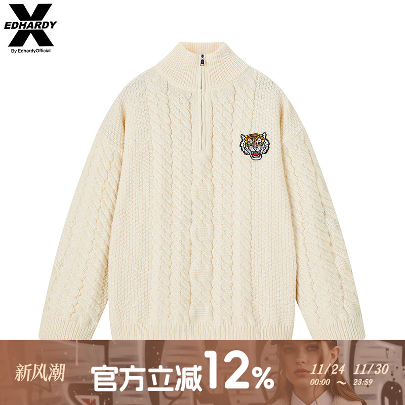 Ed Hardy X麻花毛衣男女款2025秋冬季半拉链针织衫X1C1FA169006