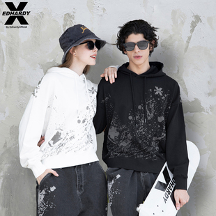 Ed Hardy X25年秋冬新款100%棉拔印字母烫钻工艺男女连帽套头卫衣