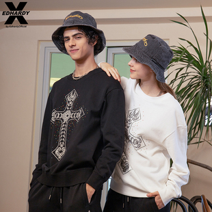 Ed Hardy X卫衣男经典烫钻印花欧式花纹十字架设计圆领套头卫衣女