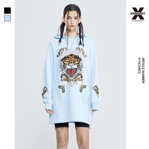 EdHardyX春秋百搭时尚街头虎头烫钻印花宽松连帽连衣裙女装上衣潮