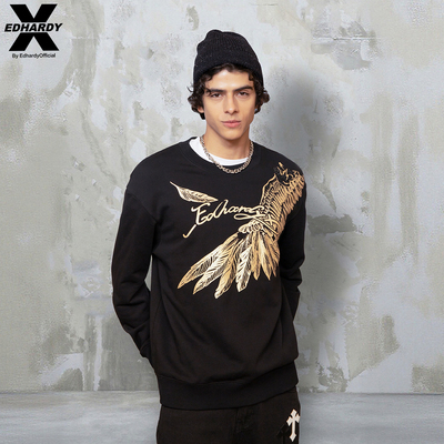 Ed Hardy X25年秋冬100%棉老鹰翅膀烫金烫银印花男女圆领套头卫衣