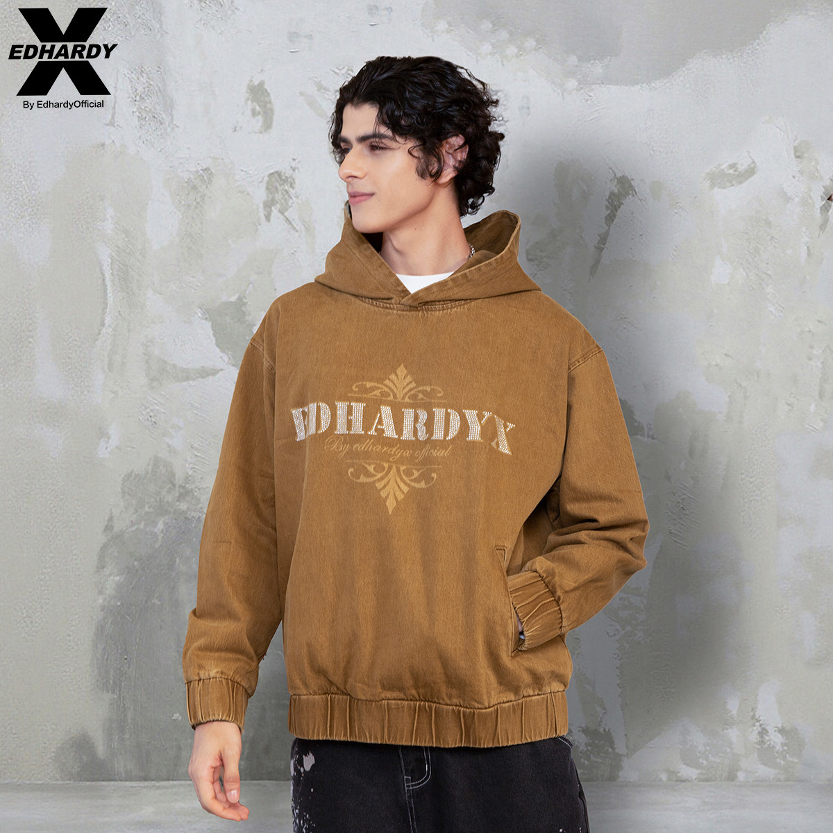 EdHardyX春秋男女同款破洞拔印烫钻国潮连帽套头卫衣情侣上衣衣服