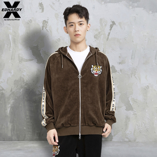 EdHardyX春秋虎头烫钻潮牌宽松黑色天鹅绒连帽男女款 拉链卫衣外套