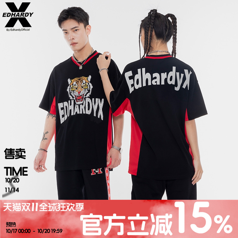 edhardyx短袖烫钻拼接虎头