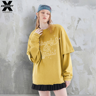EDHARDY X水洗破洞字母烫钻长袖T恤重工百搭休闲做旧圆领上衣