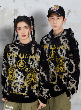EdHardyX新款春秋霸气老虎连帽黑色烫钻宽松街头嘻哈卫衣上衣衣服