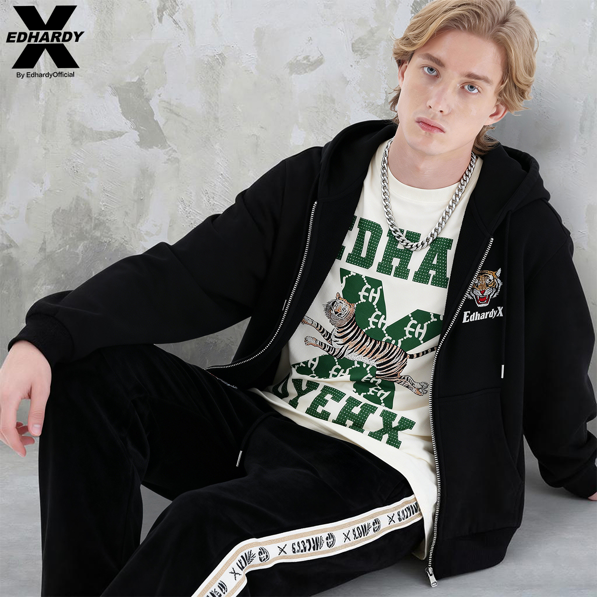 EDHARDY X春季新款男女同款连帽拉链前胸小印花卫衣X1C4FA150371