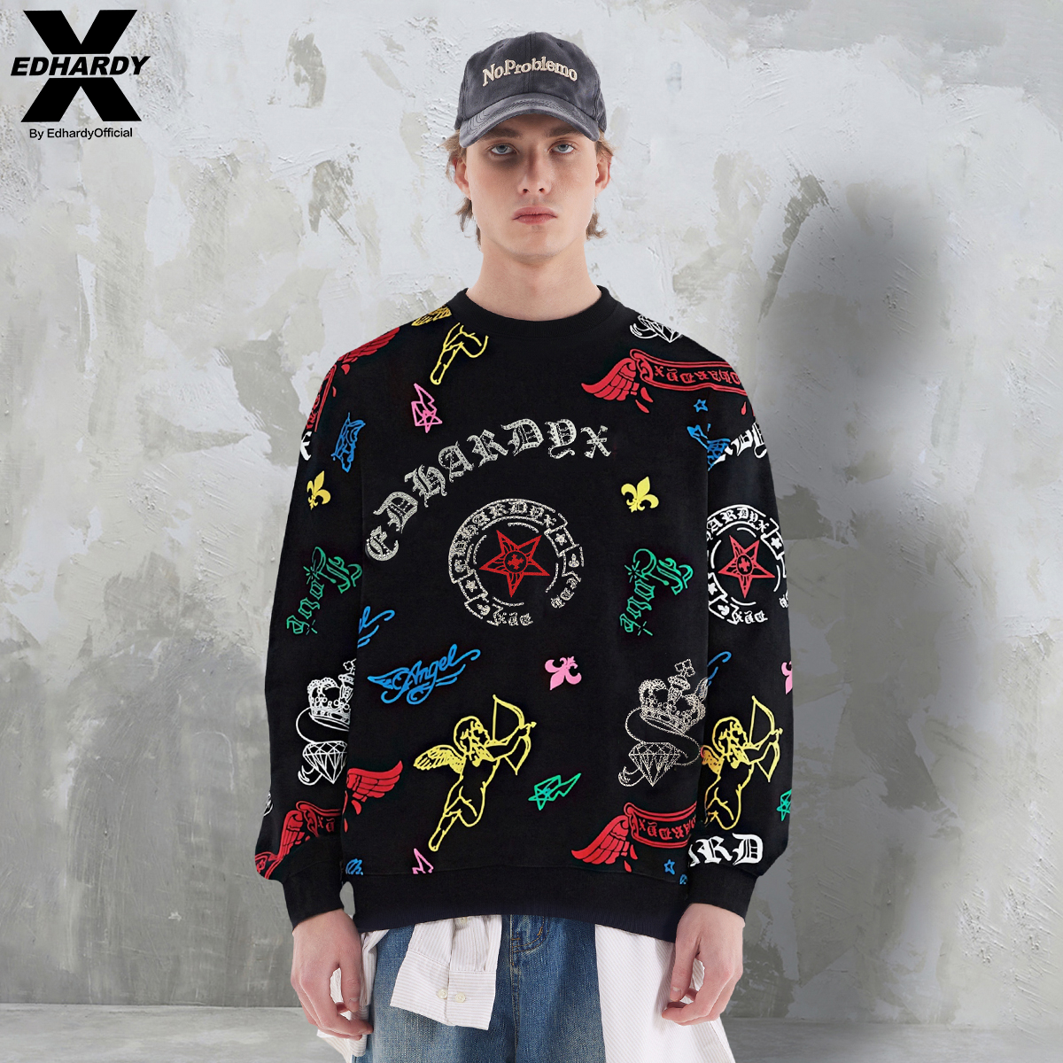 EDHARDY X2025秋冬新款宽松哥特风虎头天使满印圆领卫衣内搭上衣