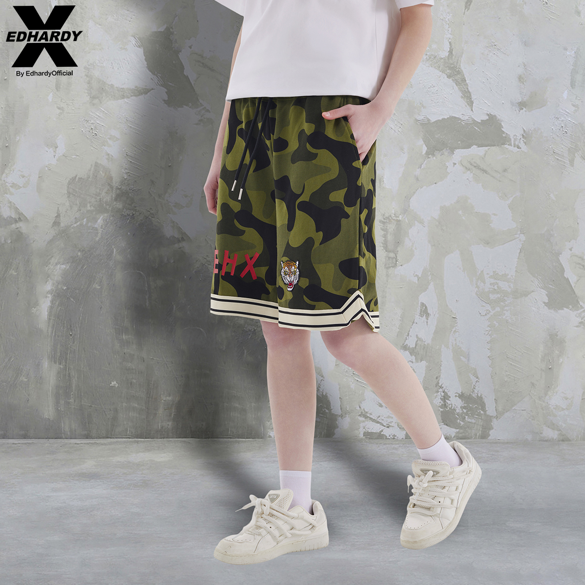 EdHardyX新款夏款绿迷彩休闲时尚男女同款情侣纯棉短裤五分裤裤子