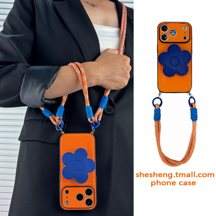 ins高级橙色皮纹蓝色花朵支架适用oppo RENO14/13/12手机壳pro斜挎挂绳11手腕带findx9/x8/x7小众A5/A6女K12