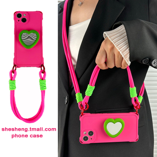ins风玫红爱心补妆镜支架适用iPhone16/15手机壳17苹果12/13/14pro max斜挎挂绳11手提腕带新款可背小众全包p