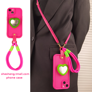 ins风赵露思同款爱心补妆镜支架适用iPhone15/14手机壳17/16苹果11/12/13pro max挂绳xs腕带xr斜挎7plus背带8