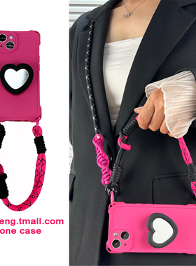 玫红黑色爱心镜子支架适用小米15/14/13手机壳pro斜挎挂绳红米note13/12/11背带K70高级感K60手提绳可调K50女