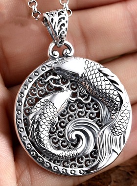 国风潮铜镀银手工饰品新款双锦鲤鱼好运吊坠民族复古毛衣项链挂件