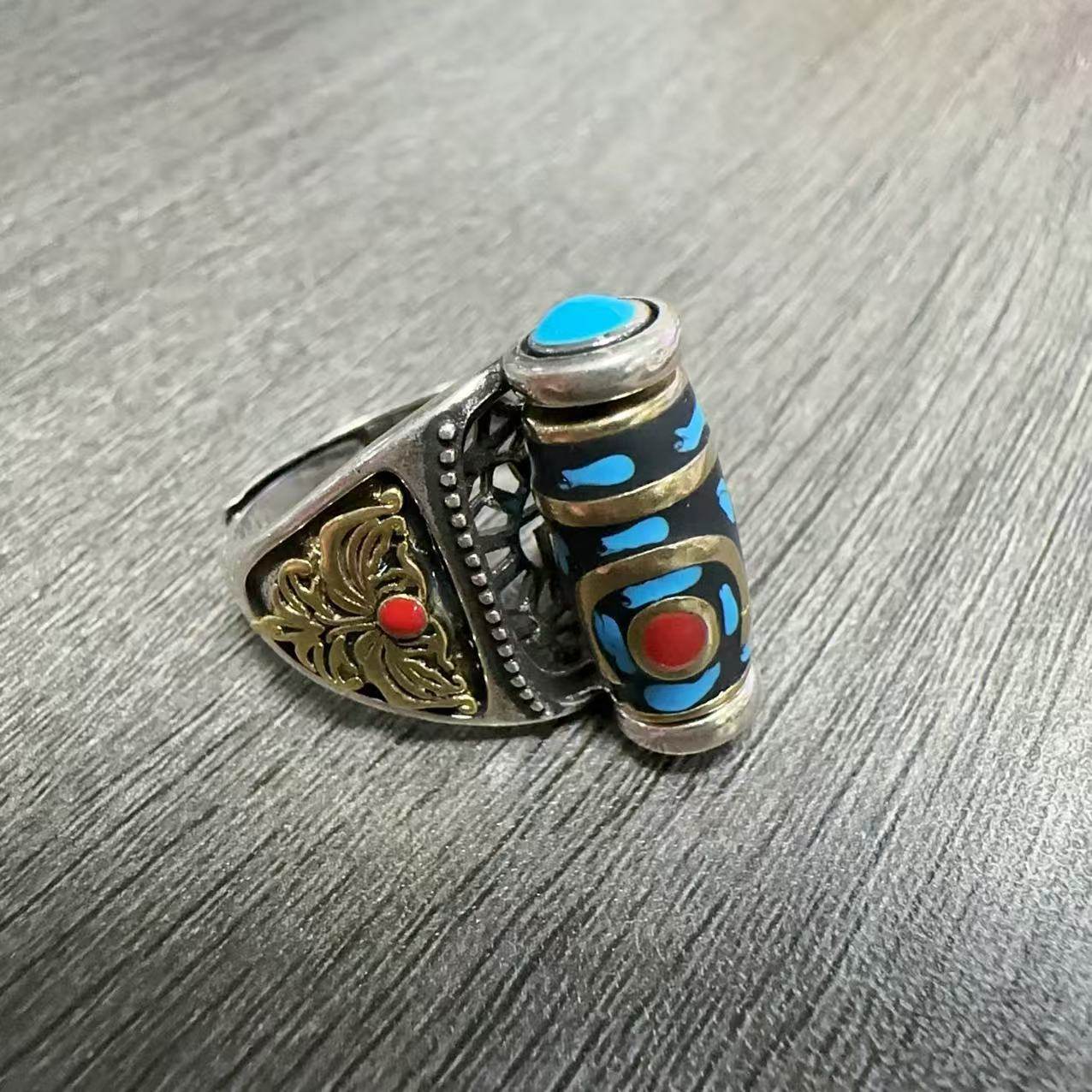 国风潮铜镀银手工饰品文艺范民族风复古转动天珠戒指开口男女款