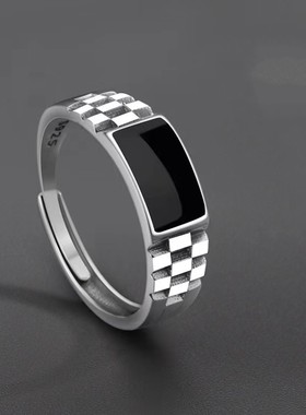 国风潮铜镀银手工饰品泰银色简约戒指生新款百搭级滴胶棋盘格开口