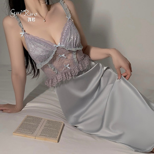 夫妻调情侣趣味主播穿内衣舒适性感加胸垫纯欲冰丝吊带睡裙外袍家