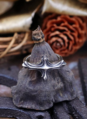 国风潮铜镀银手工饰品一线牌简约稜骨十字副手泰银色开口戒指环圈