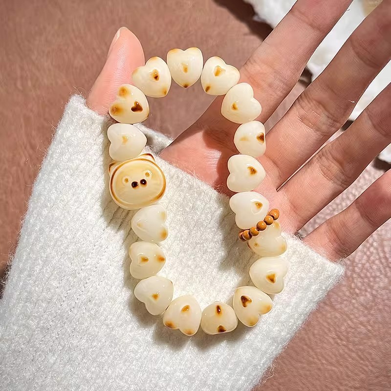 随身把玩减压养生天然白玉菩提根雕炭烧爱心绕指柔文玩手链佛念珠