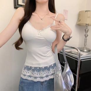 时尚 新款 舒适百搭主播穿欲甜美蕾丝拼接性感吊带蝴蝶结带胸垫背心